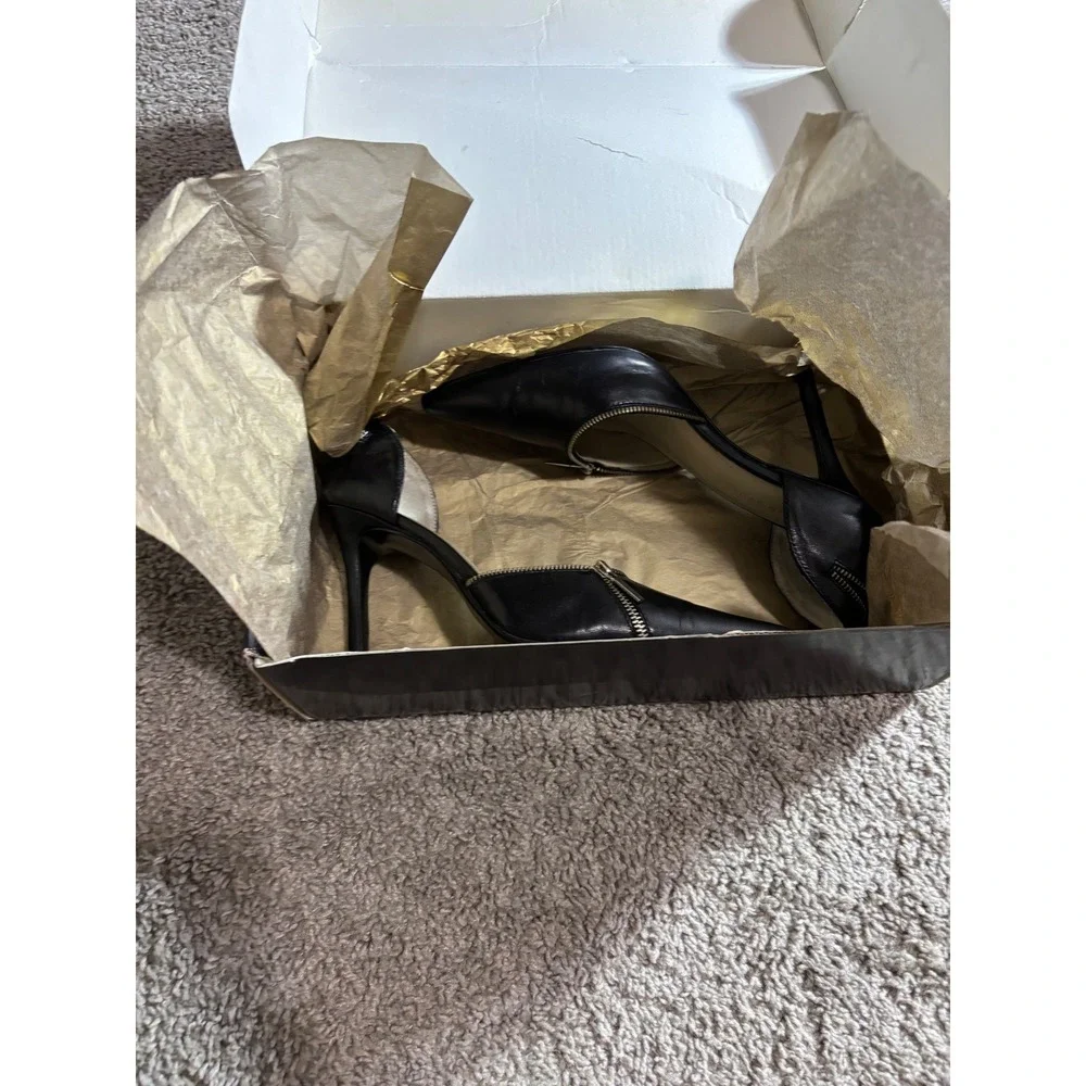 Colin Stuart Black Leather Zipper Trim D'Orsay Pointed Toe Stiletto Pumps 6
